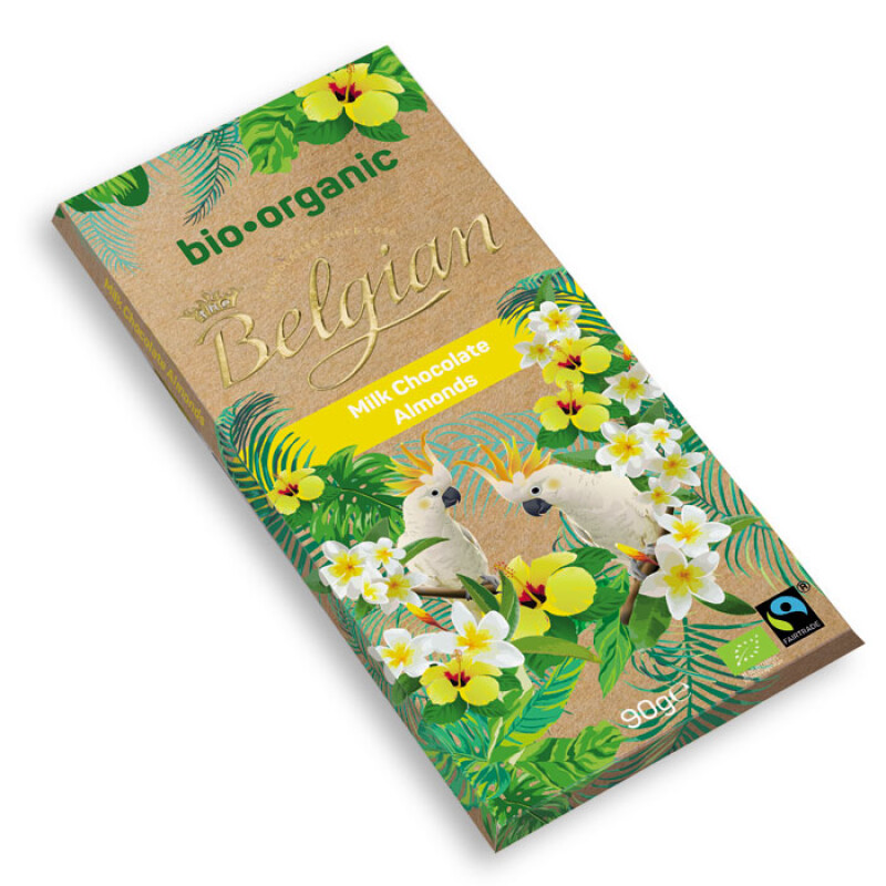 BELGIAN ORGANIC BAR ALMONDS MILK CHOCOLATE  90 G.