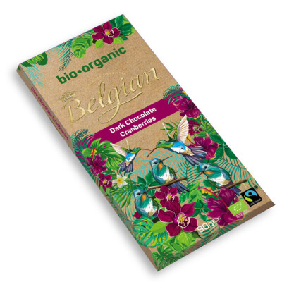 BELGIAN ORGANIC BAR CRANBERRIES DARK CHOCOLATE  90 G.