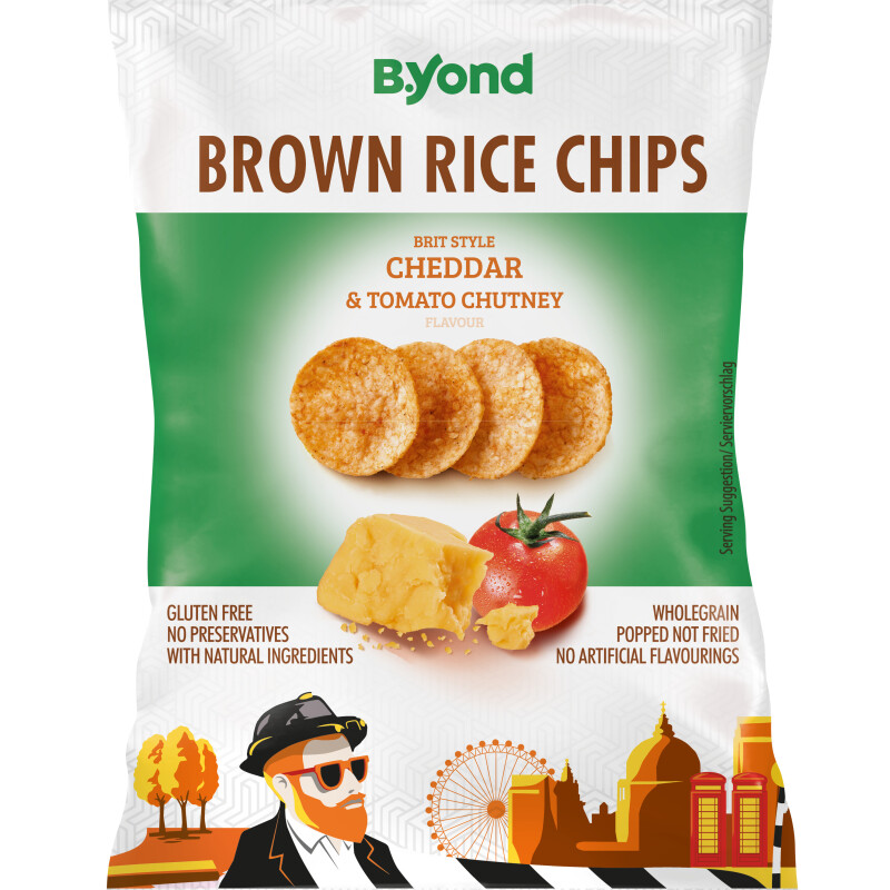 B.YOND BRIT STYLE CHEDDAR & TOMATO CHUTNEY BROWN RICE CHIPS  184 G.