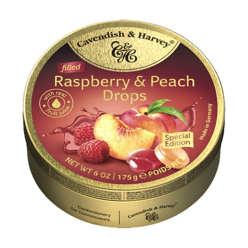 CAVENDISH & HARVEY FRUIT TIN - RASPBERRY & PEACH   6 oz.